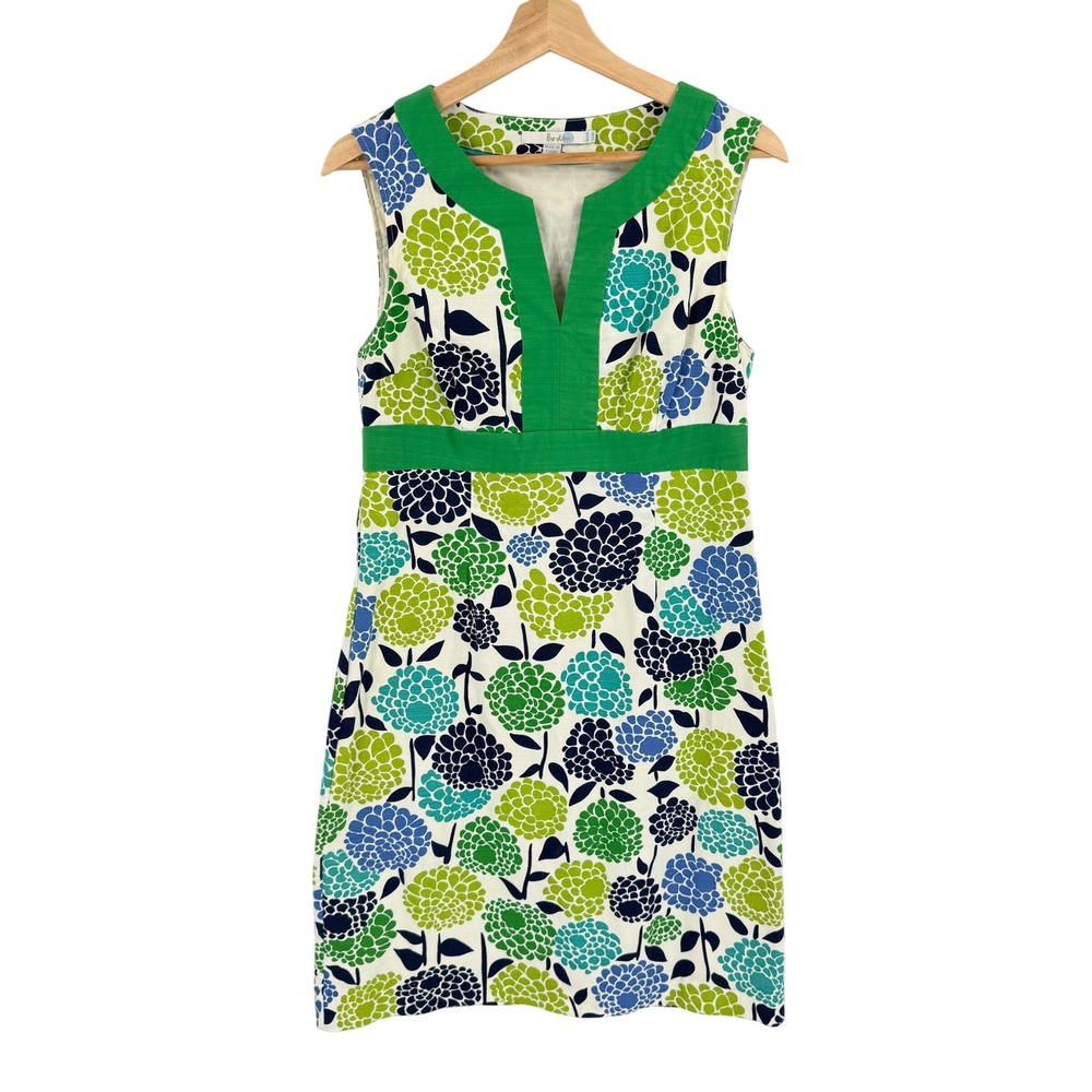 Boden Floral Shift Dress Green Blue US 8R Mod Retro Split Neck Cotton Vibrant